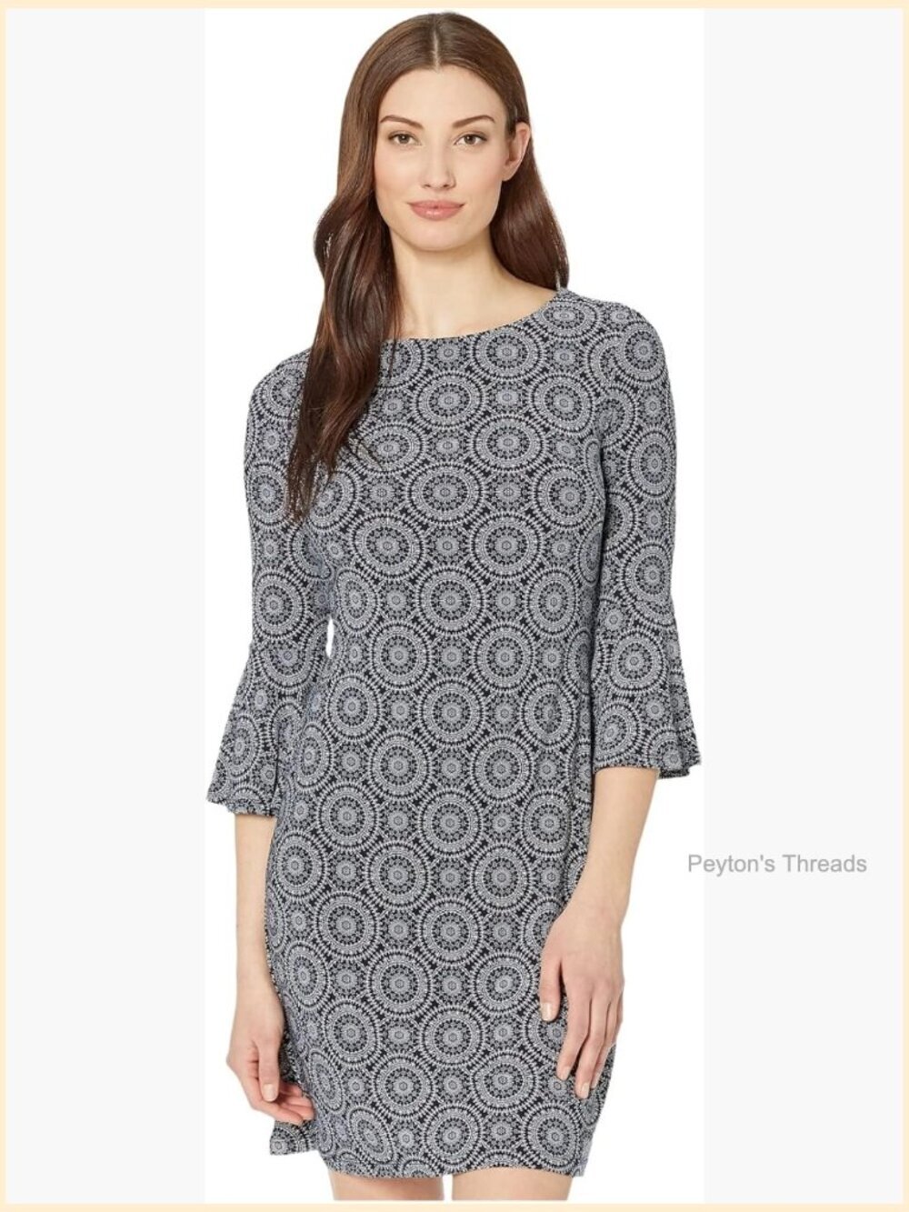 Bell Sleeve Shift Dress Polyester Spandex Plus Size Loose Fit Scoop Neck